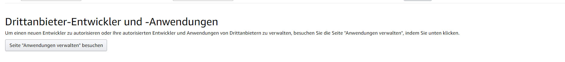 Amazon Seller Central: Bereich Drittanbieter-Entwickler und -Anwendungen mit der Schaltfläche zur Seite Anwendungen verwalten