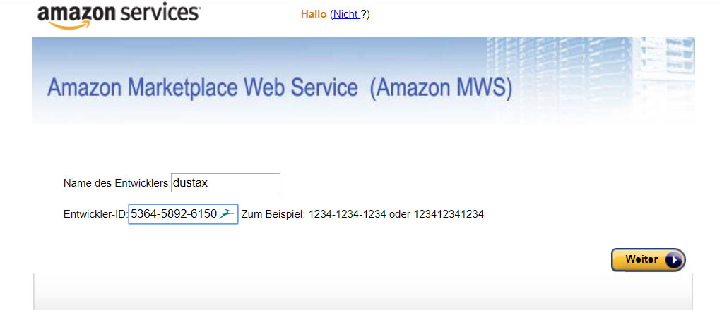 Amazon MWS: Formular mit Name des Entwicklers und Entwickler-ID